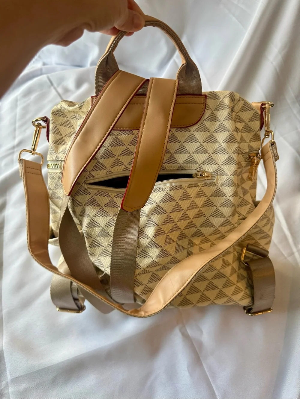 Beige Geometric Pattern Women's Backpack with Tan Accents